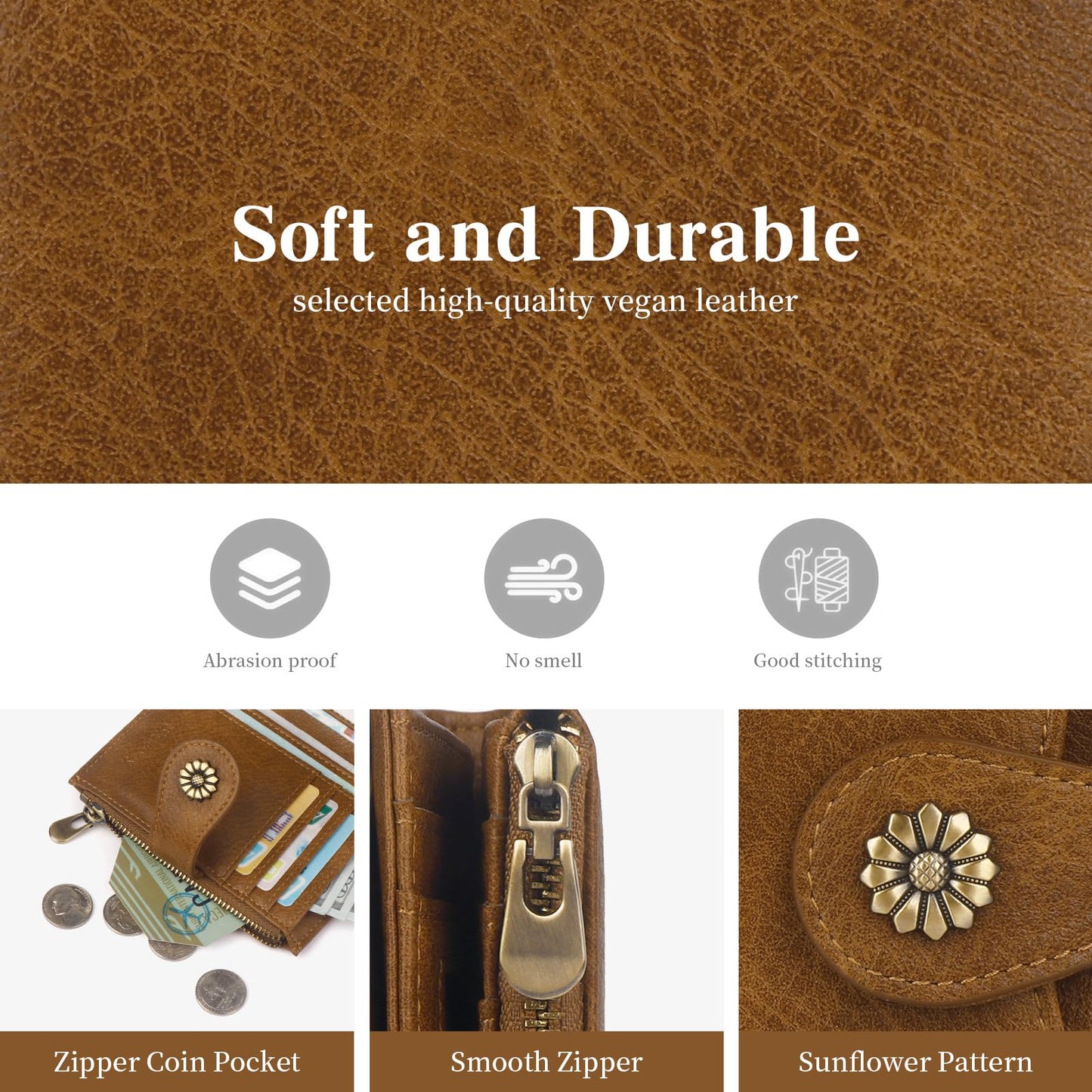 Blucoay Wallet Women,RFID Blocking Womens Wallet,Microfiber Leather Compact Bifold Card Holder Wallet With Removable ID Window(brown)