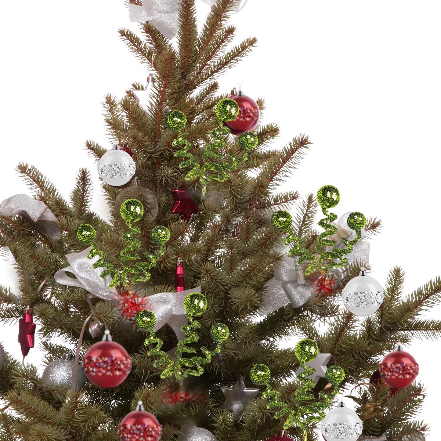 ZHANYIGY 6PC Set Green Christmas Tree Decoration Sequins Ball Curly Pick, Christmas Tree Decorations Christmas Tree Topper Star Home Office Perfect Party Decorations Gifts