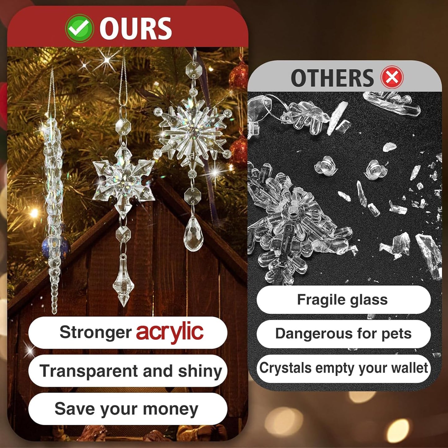 24pcs Snowflake Icicle Ornaments Christmas Tree Decorations - Large Crystal Acrylic Indoor Hanging Decor Set for Xmas Winter Themed Wonderland Party