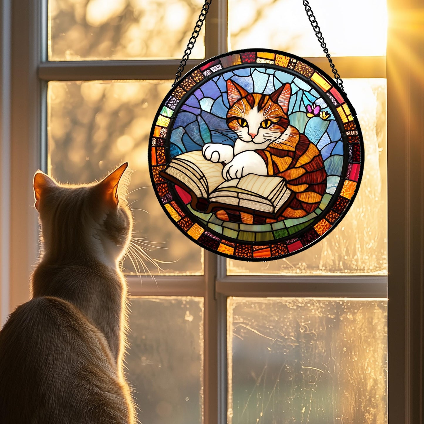 DASTOLL Stained Glass Window Hanging Little Cat Reading 7.8" - Suncatcher Door Garden Kitchen Sunroom Sun Catcher Home Decor Birthday for Lost Pets Mom Grandma Men Woman Friend