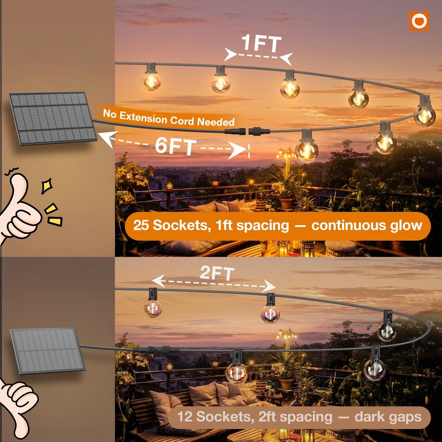 addlon 56FT(50+6) Solar String Lights Outdoor with 1FT Bulb Spacing, 50+2 Commercial G40 LED Bulbs, Solar & USB Charging, Remote, Timable, Dimmable Waterproof Patio Lights for Balcony, Porch, Yard
