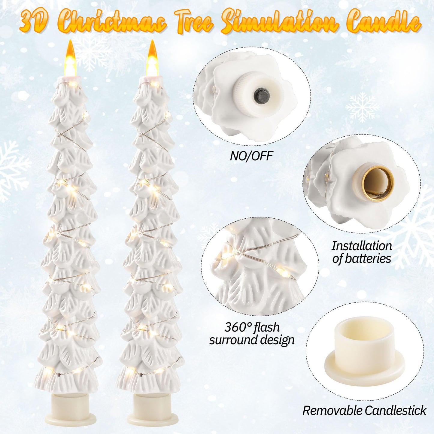 2 Pack White Christmas Tree LED Taper Candles, Flameless Flickering Candles with Copper String Lights, Upgraded Realistic Flame Effect, Battery Operated with Remote for Christmas Home Decoration