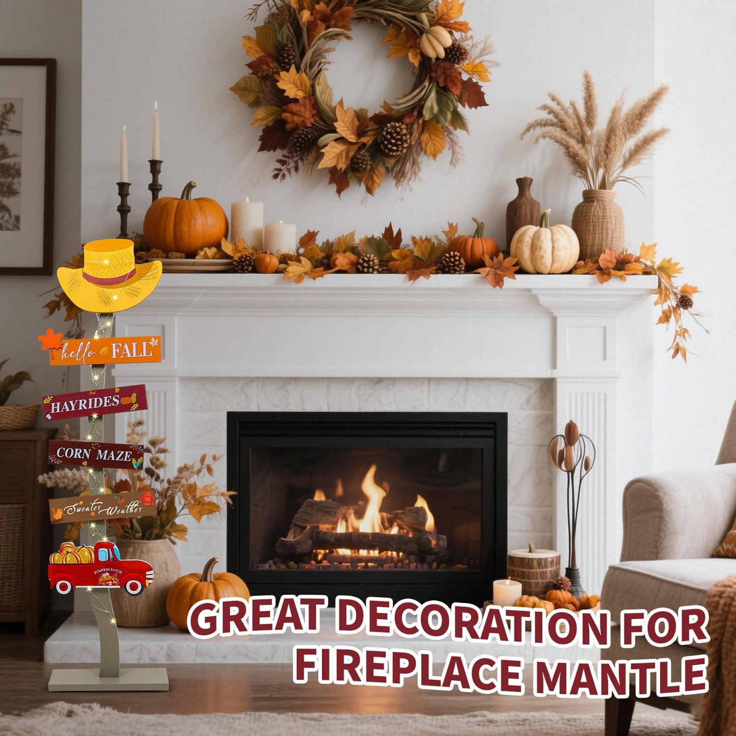 Lighted Wood Hello Fall Porch Sign,Fall Welcome Porch Decor,Autumn Maple Pumpkin Truck Sweater Weather Standing Wooden Signs for Harvest Thanksgiving Decor