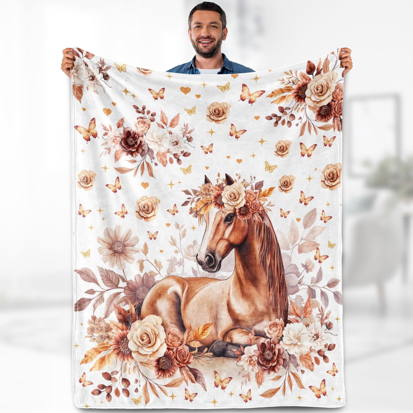 Horse Blanket Gifts for Girls Women Teens Flowers Cute Horses Lovers Living Room Decor Soft Cozy Bed Couch Plush Birthday Christmas Throw Blanket 50"x60"