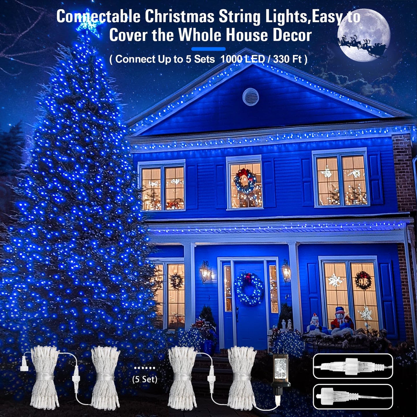 JMEXSUSS Blue Christmas String Lights Indoor Outdoor, 66ft 200 LED Blue String Lights Clear Wire Plug in, 8 Modes Waterproof Christmas Lights for Halloween Tree Party Bedroom Wall Christmas Decoration