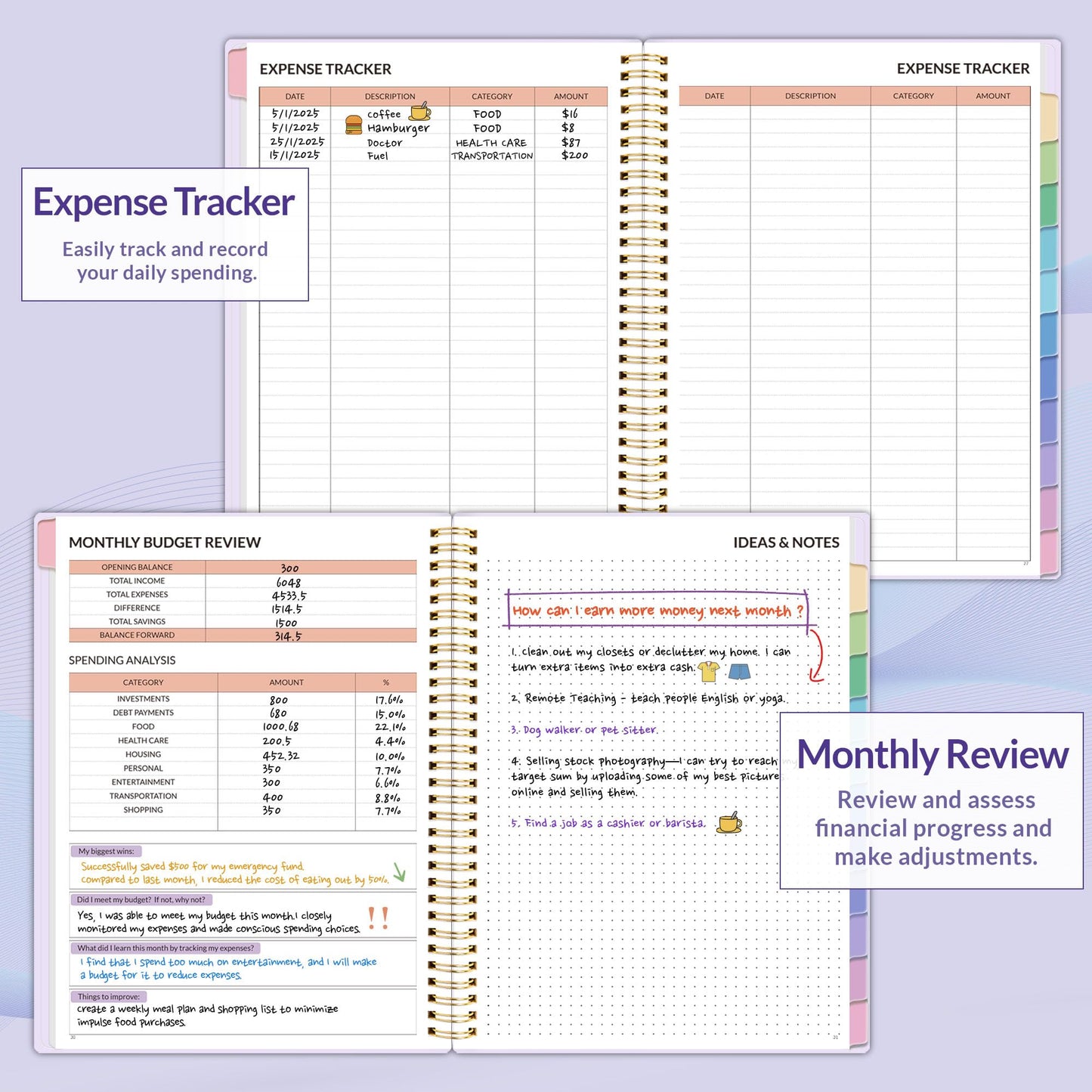SUNEE Budget Planner - Monthly Budget Book with Expense Tracker Notebook, A4(8.5" x 11") Undated 12 Month Bill Organizer & Finance Planner to Manage Your Money, Account Book with Colorful Tab, Purple