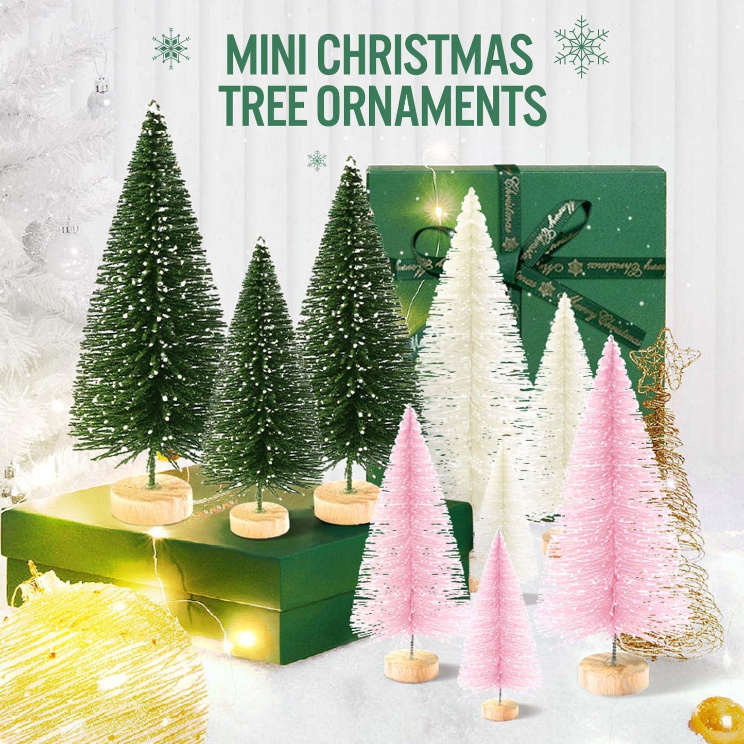 9Pcs Mini Christmas Trees Christmas Decor Artificial Christmas Decorations with 4 Sizes, Christmas Tree Bottle Brush Trees Christmas Table Decorations (Green Beige Pink)