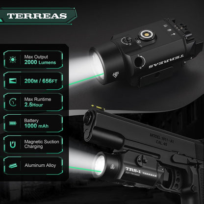 Terreas Upgraded 2000 Lumens Magnetic Rechargeable Weapon Light & Green Laser Combo, Aluminum Alloy Tactical Flashlight with Adjustable Rail, Strobe Mode, Fits Most Picatinny/GL Rail & Holsters