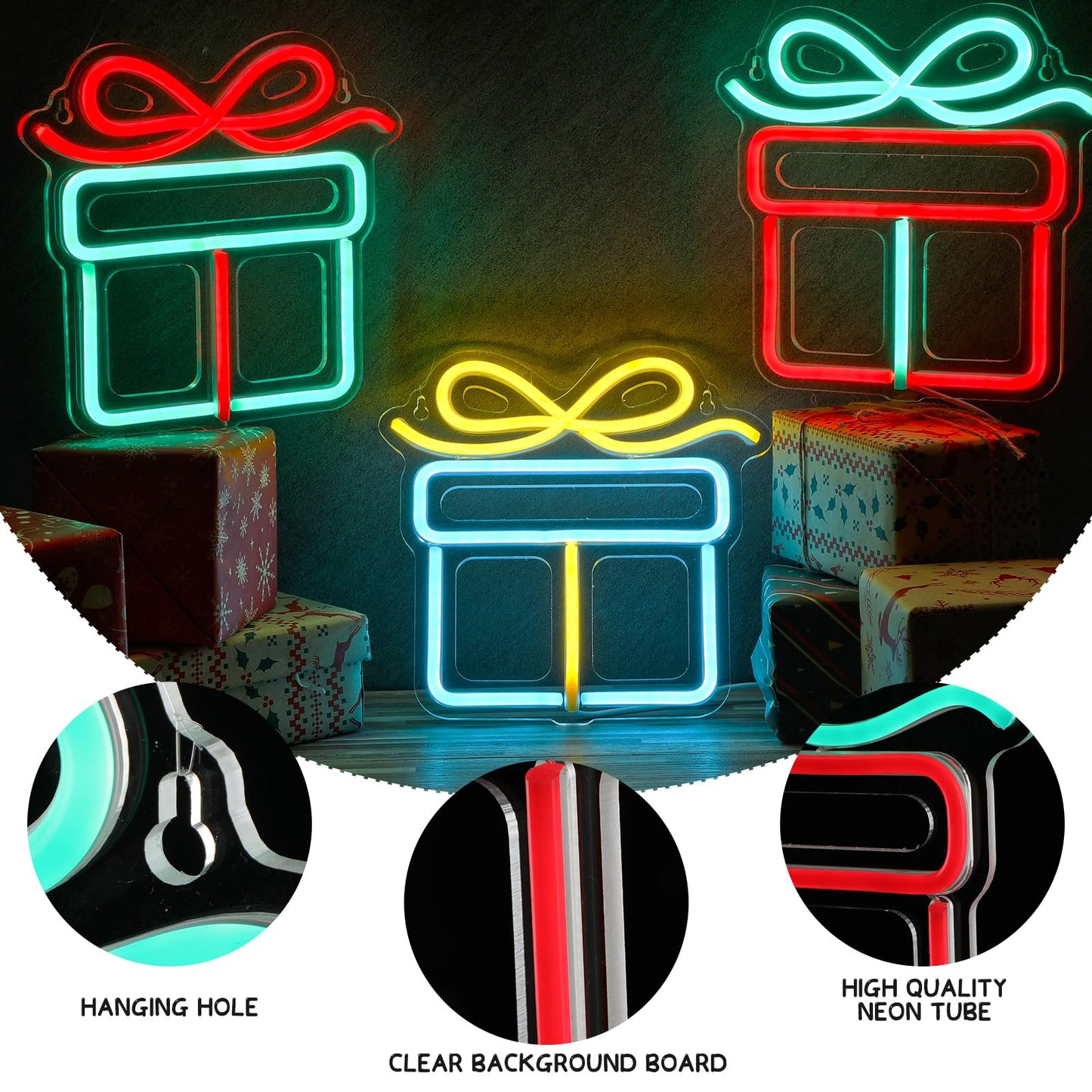 ROCEEI 3 Pcs Christmas Neon Sign, Neon Lights Gift Box LED USB Wall Bar Living Room Decor for Winter Party Holiday Night Bedroom Gifts
