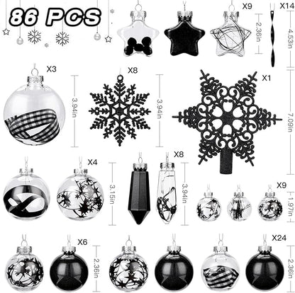 SHareconn 86PCS Christmas Tree Decorations Ornaments Ball Set, Non Breakable Plastic Clear Baubles for Xmas Tree Decor Holiday Wedding Party, Black
