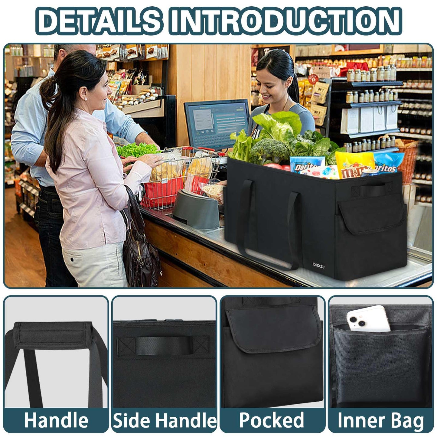 DSDCDJ Sturdy Extra Large Utility Tote Bag with Hard Bottom & Sides, Heavy Duty Grocery Tote Bag, Thirty One Utility Tote with Handles for Shopping, Beach, Picnics, Camping, Car (22.5"x11"x12")