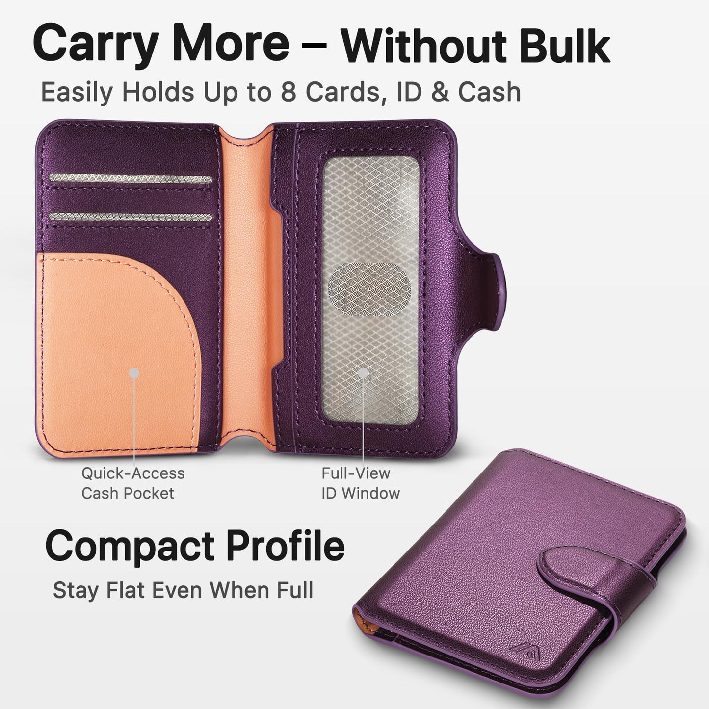 MEFON for MagSafe Wallet, Magnetic Phone Wallet RFID Blocking, Slim 5-8 Card Holder with Cash Slot & Clear ID Window, Minimalist Mag Safe Wallets for iPhone 17/16/15/14/13/12 Series, Amethyst Purple