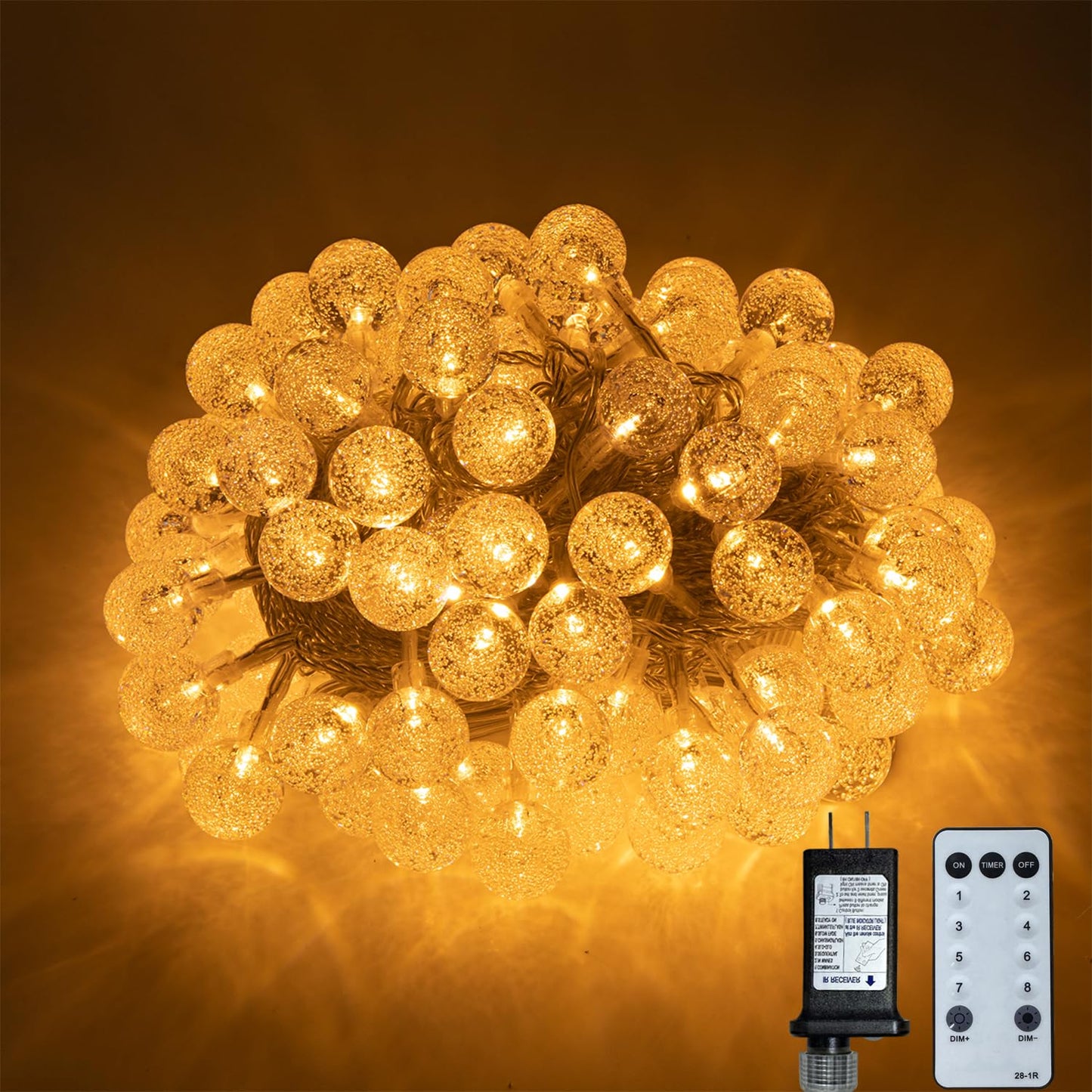 Ogrmar 49 ft 100 LED Globe Ball String Lights 8 Modes Crystal Bubble Ball String Lights with Remote, Timer Function & Connectable for Indoor Outdoor Wedding Christmas Garden Decor (100, Warm White)