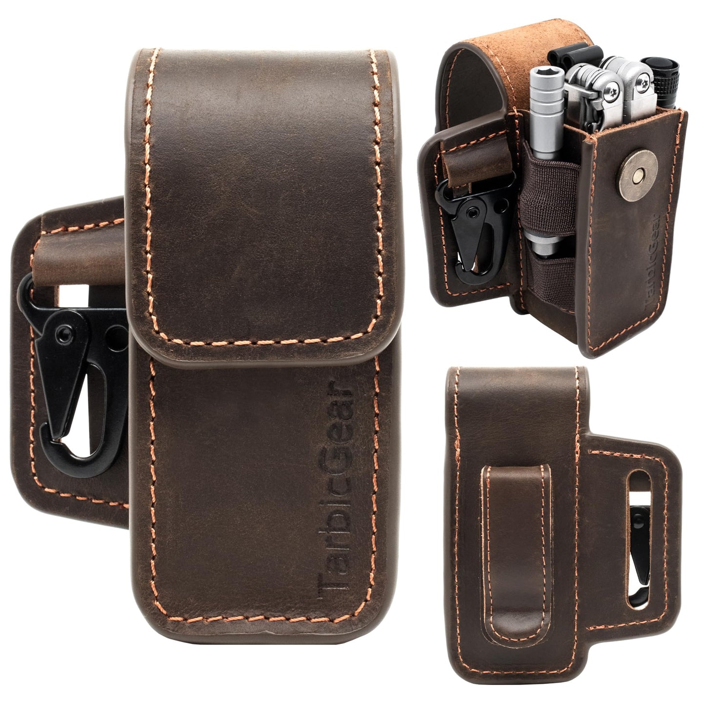 TarbicGear Leather Multitool Sheath for Belt, Multitool Holster with Belt Clip for Men, Pocket Organizer for Work, Fits for Leatherman, SOG, Gerber Tools, Dark Brown, Large