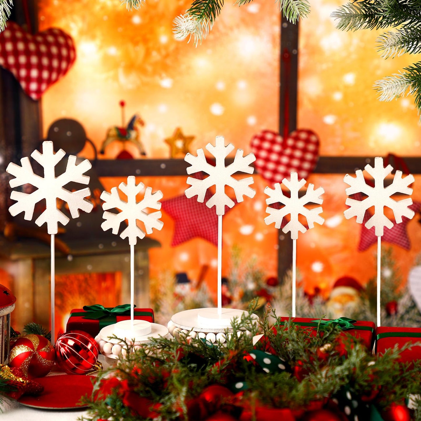Purpeak 6 Pcs Winter Snowflake Table Decorations Winter Snowflake Standing Block Sign Wooden Snowflakes Table Centerpiece White Snow Wonderland Decoration for Tabletop Shelf Mantel Home Decor