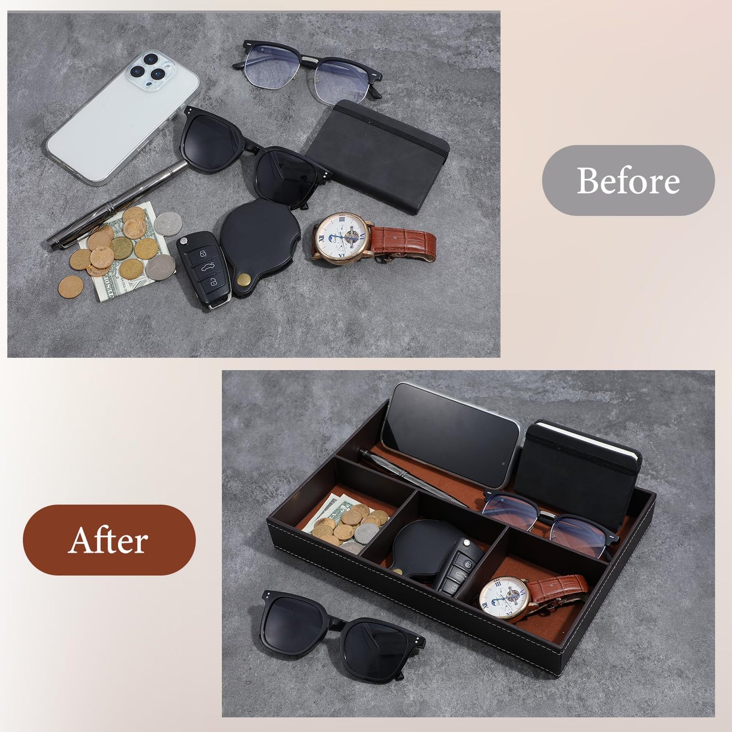 Caeuiciw 2 Pieces Faux Leather Valet Tray for Men, Stackable Jewelry Trays for Drawers, Mens Dresser Top Organizer for Key, Wallet, Sunglass, Watch, Coin, Phone, Nightstand Bedside Tray Brown
