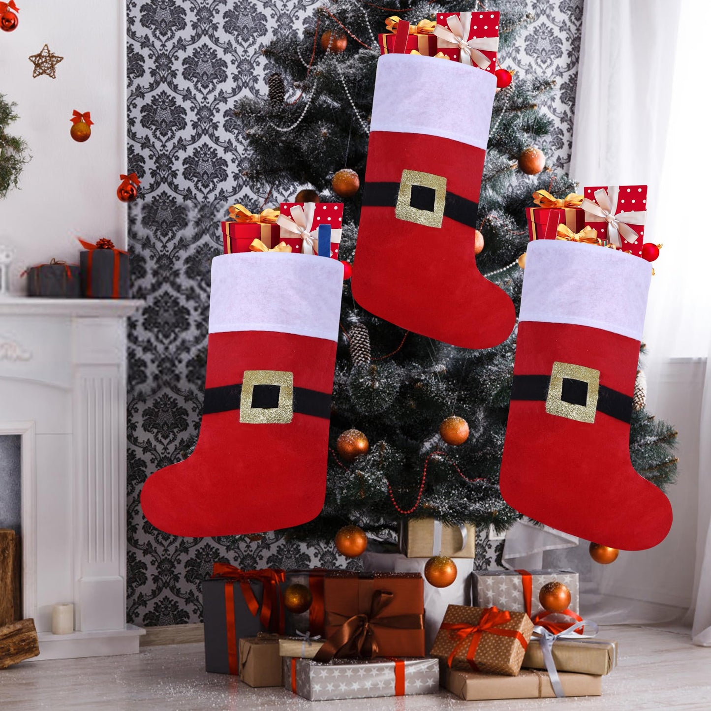 Tokforty 12 Pack Felt Christmas Stockings with Buckle, 19 Inches Red and White Christmas Stockings Hanging Ornaments, White Cuff with Buckle Christmas Stocking for Family Christmas Holiday Decorations