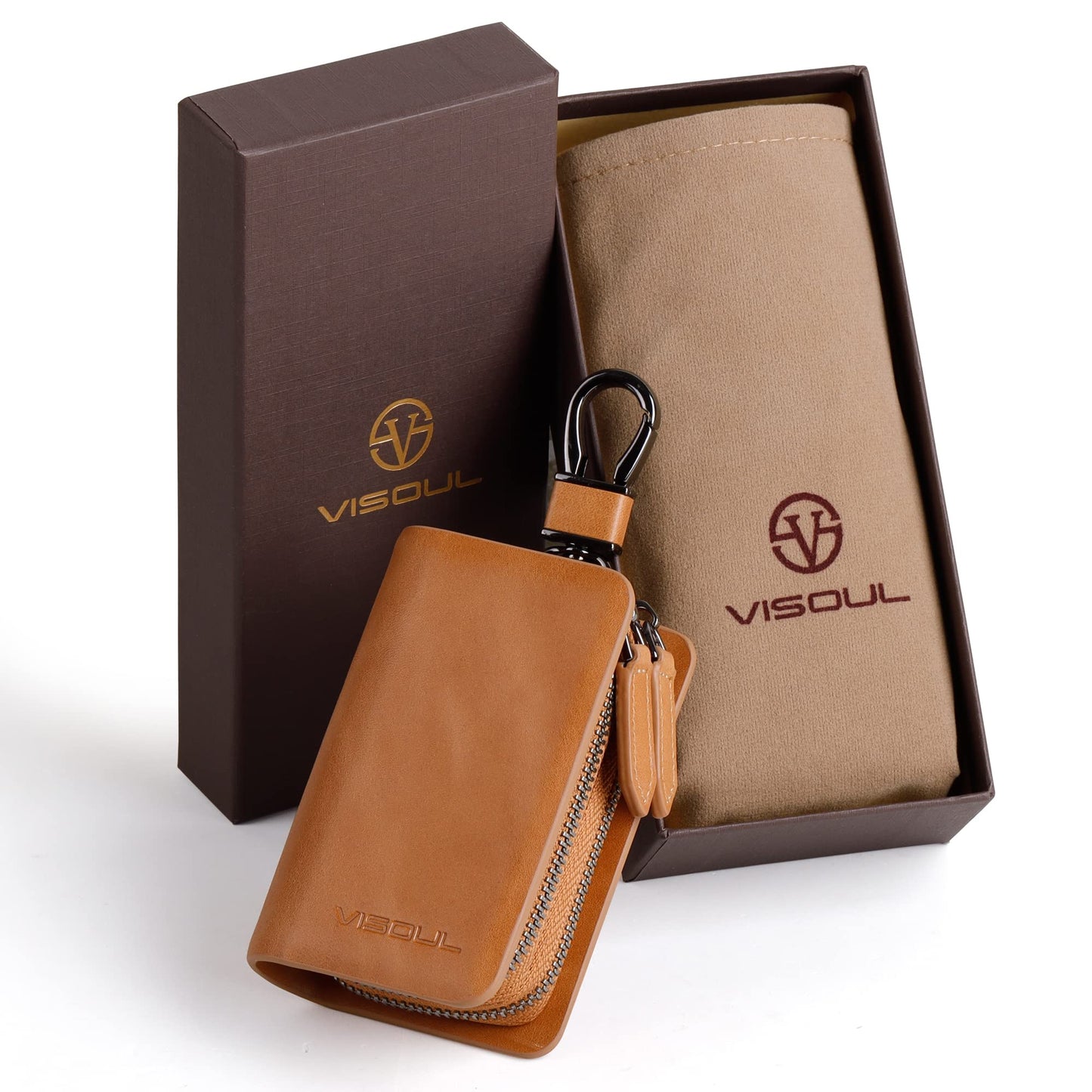 VISOUL Car Key Case Holder Double Zipper, Leather Car Smart Key Fob Case with Keychain for Men and Women-Tan
