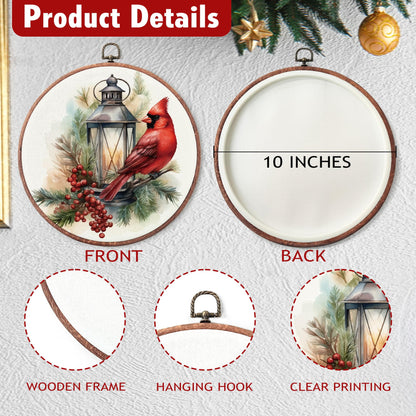 heiyihe Round Christmas Canvas Frame Wall Art Decor, 10x10 Inches Round Red Cardinal Bird Wall Artwork, Christmas Embroidery Kit Decor for Home Office, Xmas Gift Ideas for Family Friends-A02