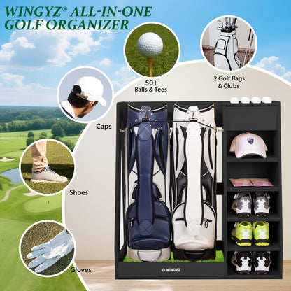 WINGYZ Premium Birch Plywood Golf Bag Storage for 2 Bags | 36lb Rock-Solid Golf Bag Organizer | 7-Shelf Command Center | Artificial Turf 12-Ball Display | No Wall Mounting Required (Black)