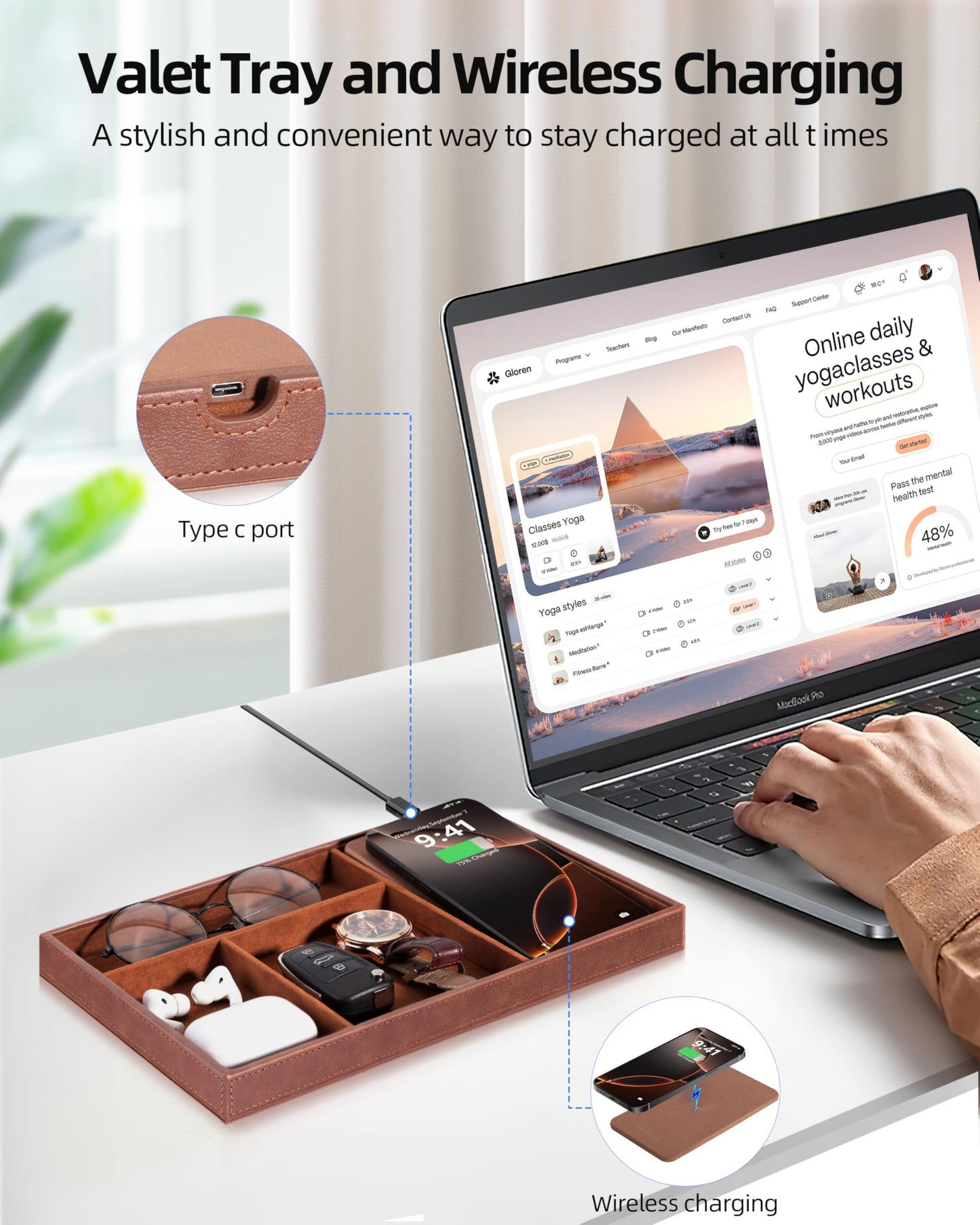Investme Valet Tray with Wireless Charger, Nightstand Organizer for Men, EDC Catchall Tray for Keys, Watch, Wallet, Jewellery, Premium Vegan Leather, Bedside Caddy, Stylish and Organized, Brown