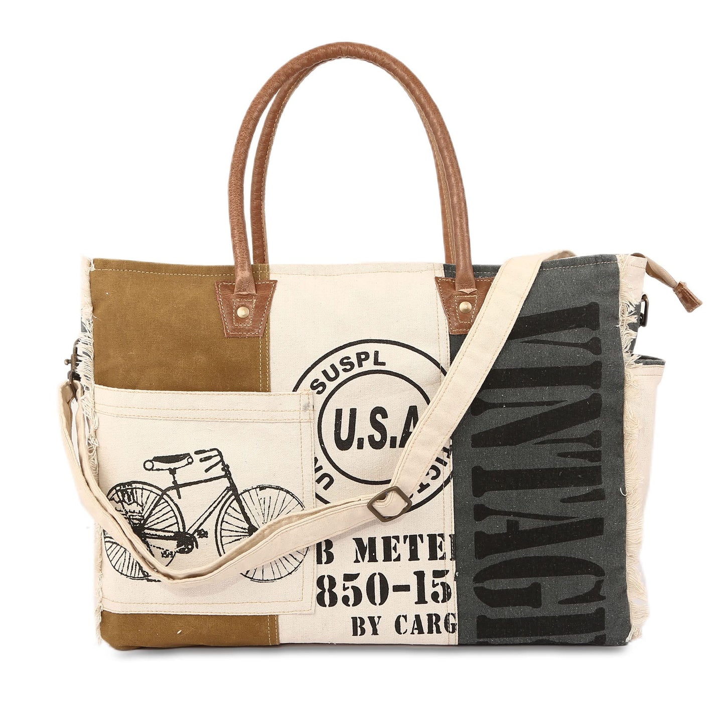 Sel De Mer Upcycled Canvas and leather Hand Bag Cowhide Tote Bag shopping bag carry on leather bag (White)