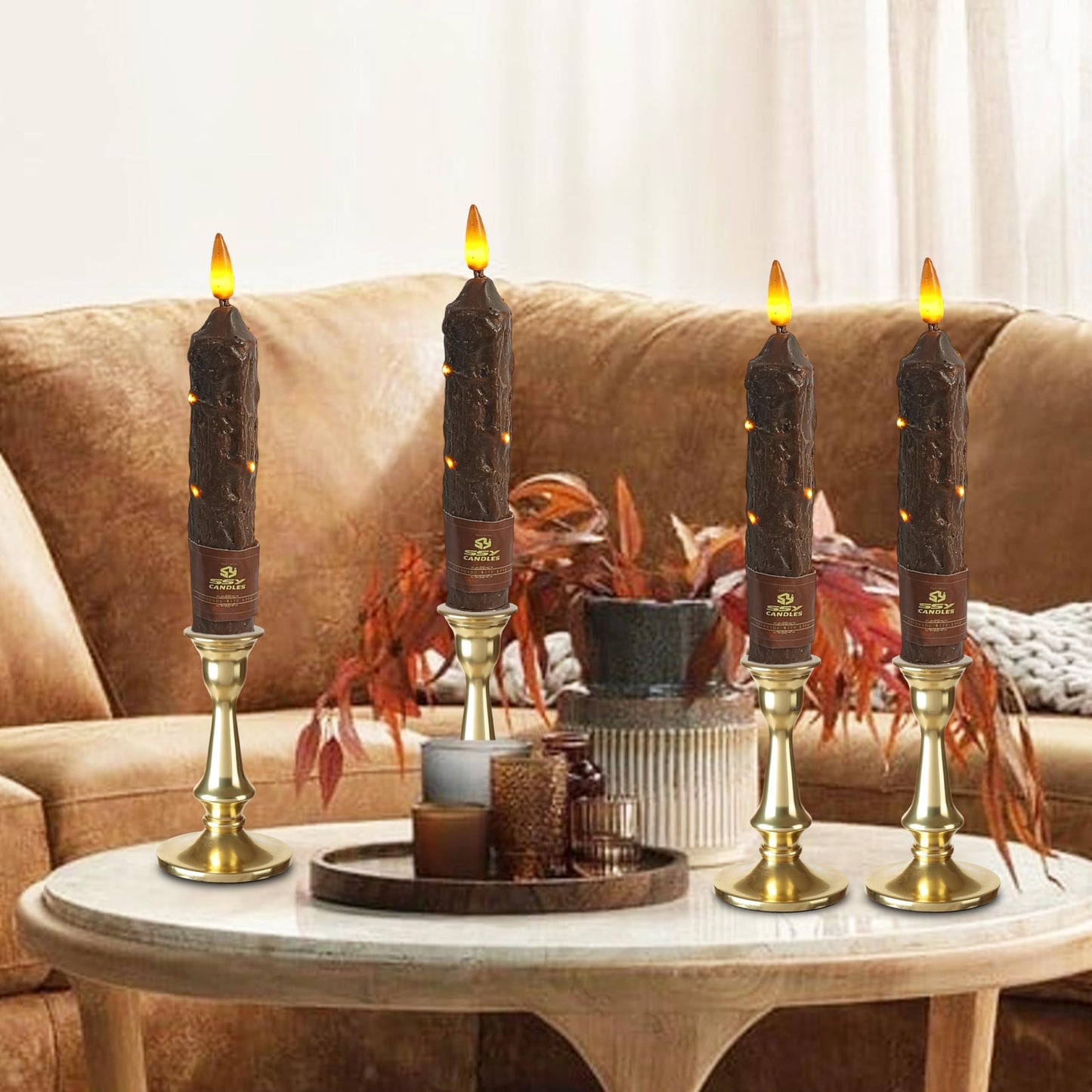 XINAOBAOLUO 6.5 inch Flameless Brown Taper Candles Flickering with 10-Key Remote, Battery Operated Led Warm 3D Wick Light Window Candles Real Wax Pack of 4, Christmas Home Wedding Decor