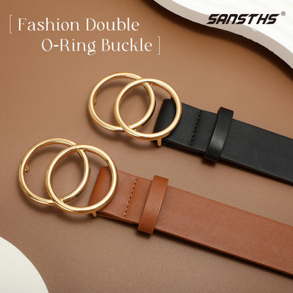 SANSTHS 2 Pack Women Leather Belts Faux Leather Jeans Belt with Double O Ring Buckle Black Brown S