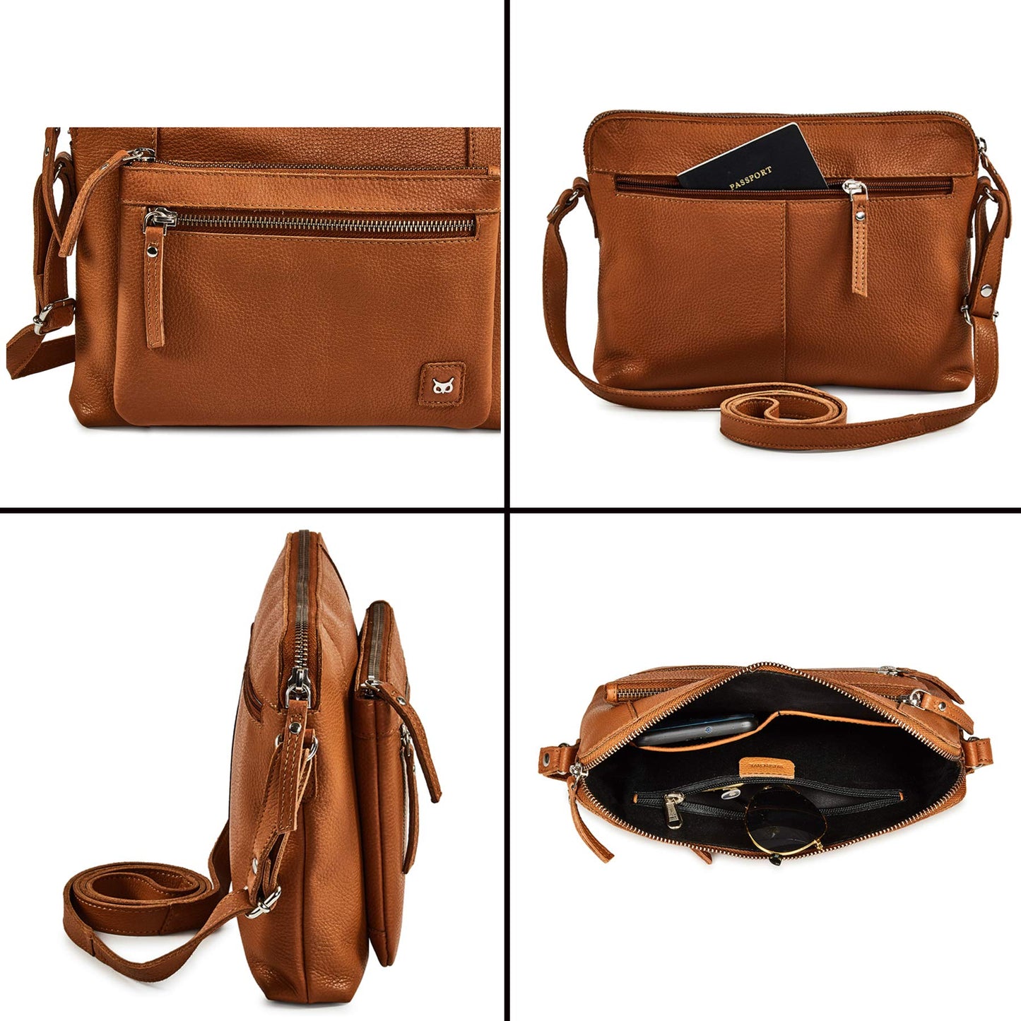 Leather Crossbody Bags for Women Small Soft Genuine Pebbled Sling Shoulder Handbag Crossover Purse with Full Adjustable Strap (Cognac Nappa)