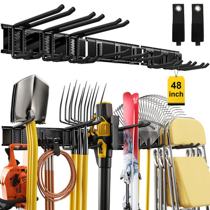 YZSFMZGE 48" Garage Tool Organizer Wall Mount, 660lbs Heavy Duty Steel Garden Tool Storage Rack with 9 Adjustable Hooks for Yard, Shed, Garage (3 Racks, 9 Hooks, 2 Straps)