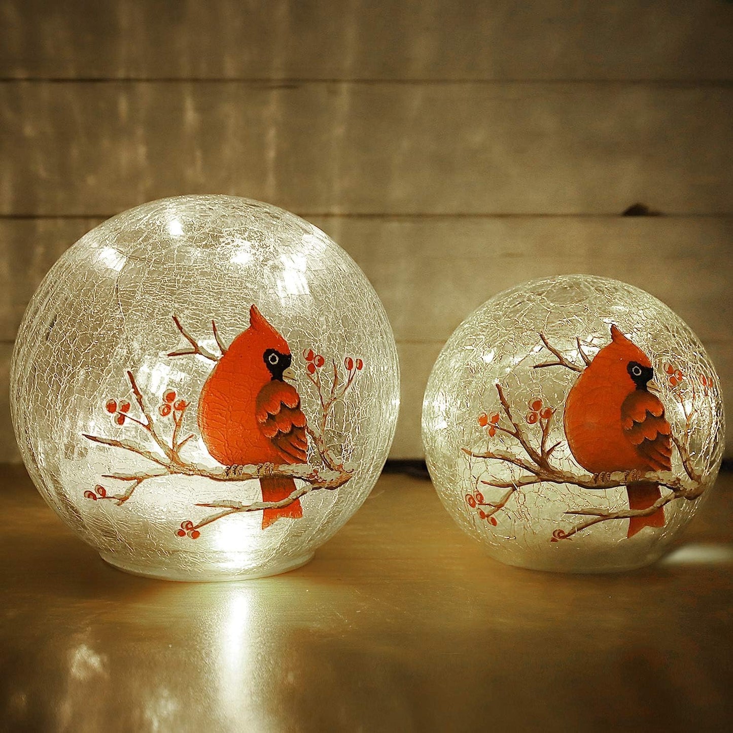 Crackle Glass Ball Cardinal Lamp with Timer, Light Up Red Cardinal Stained Glass Christmas Decor Accent Lamp, Lighted Red Bird Globe Glass Table Lamp, Orb Cardinal Night Light 2 Pack (6in & 5 in)