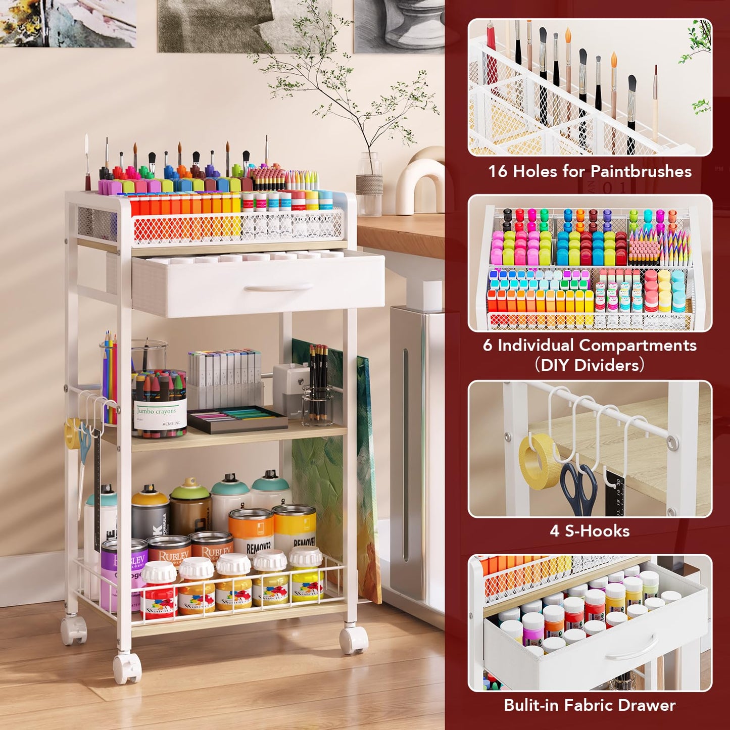 Homsorout 3 Tier Rolling Cart - Metal Utility Cart with Storage Drawer and Wheels, Versatile Art & Craft Organizer for Home, Office, or Studio Ideal for Storing Brushes, Paints, and Supplies White