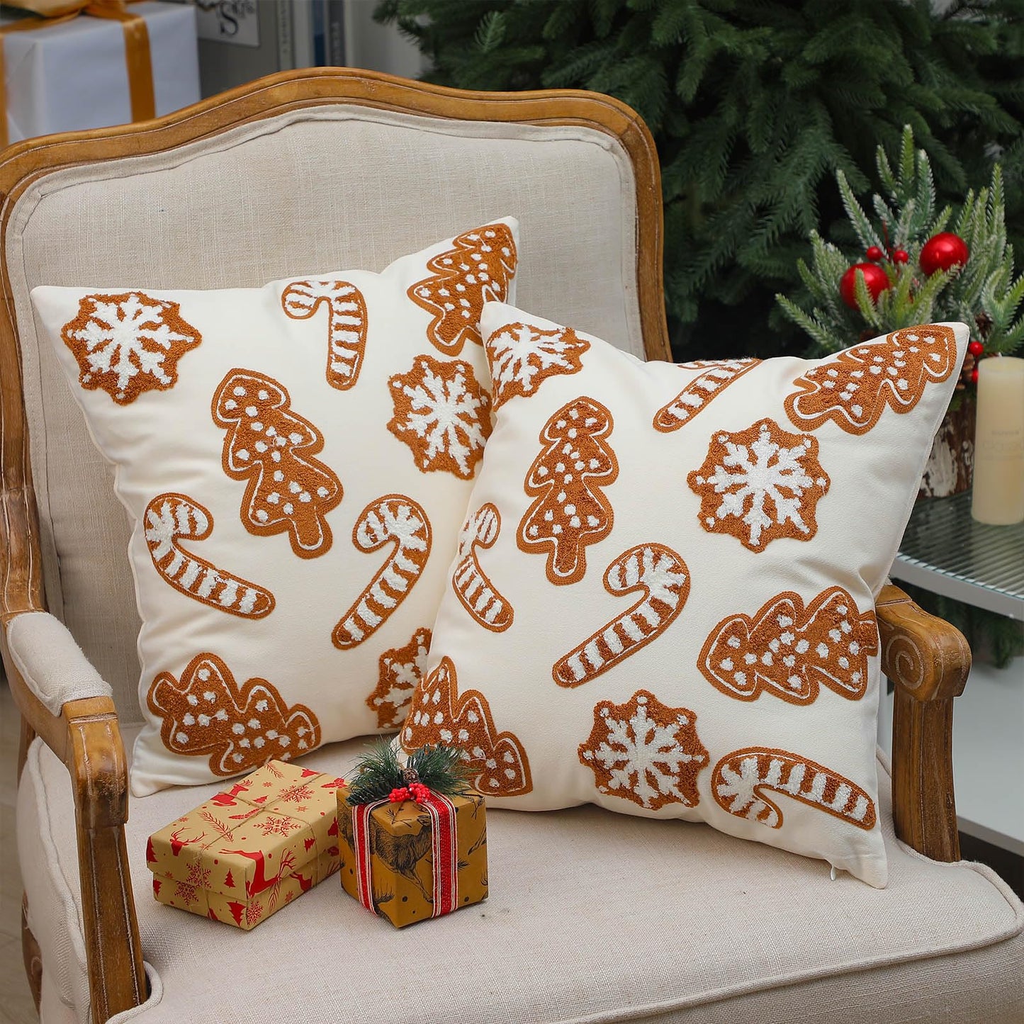 VitalCozy 2 Pcs Gingerbread Christmas Throw Pillow Covers 18'' x 18'' Plush 3D Embroidery Gingerbread Man Pillowcases for Xmas Winter Indoor Outdoor Couch Sofa Cushion Decorations