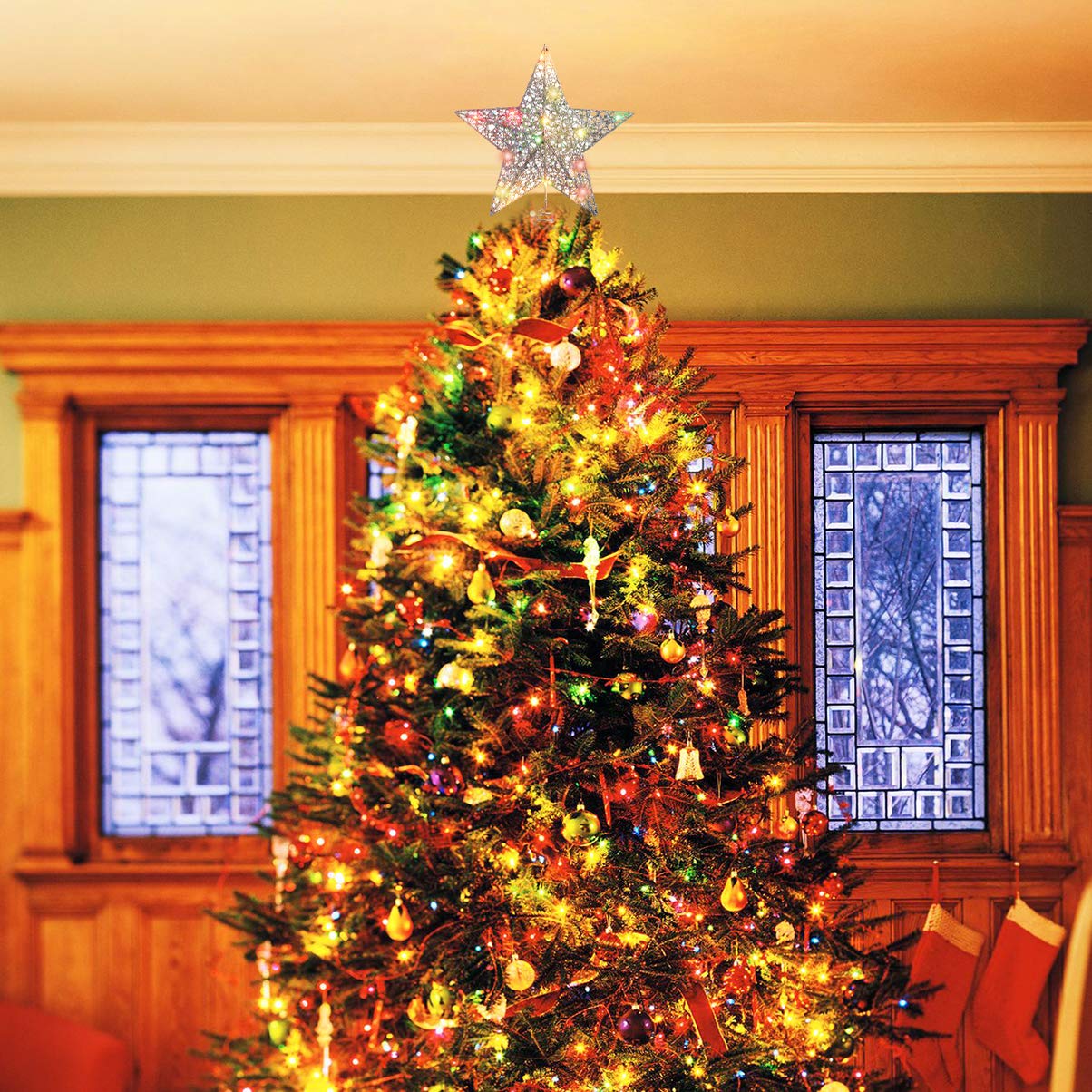 Christmas Tree Star Topper Lights,Xmas Tree Glittered Tree-top with Led Party Home Decor,Silver (Silver 1)