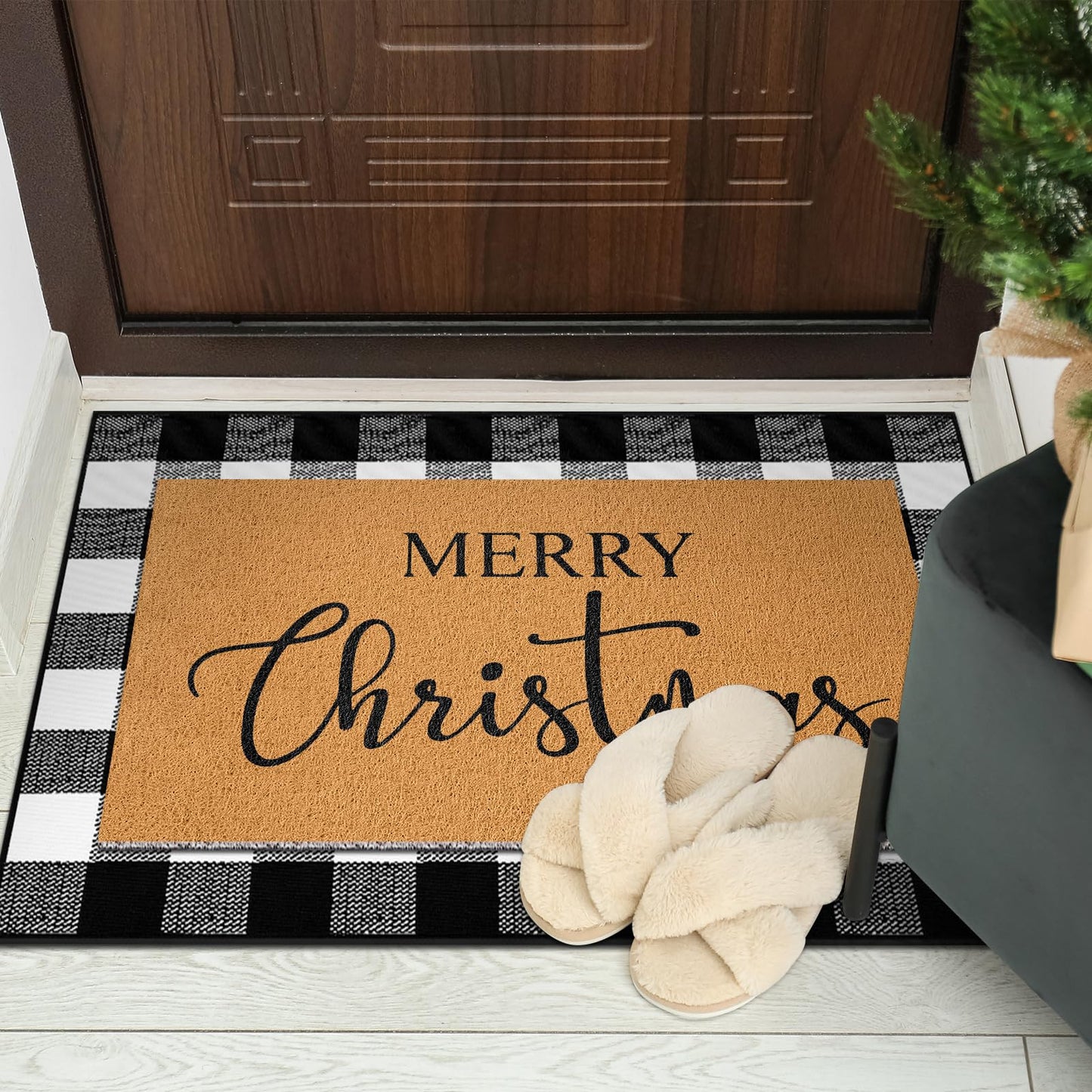 Duraaamo 2 Pcs Christmas Doormat Merry Christ Non Slip Outdoor Rug Xmas Welcome Layered Buffalo Floor Mats for Front Porch Entryway(Black White,Plaid)
