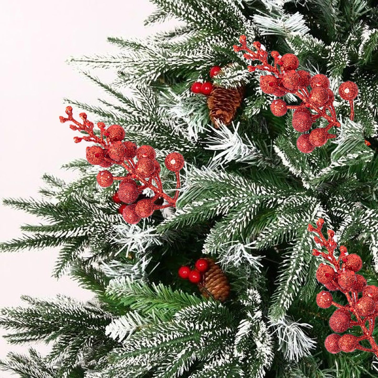 floenam Christmas Tree Decorations, Red Christmas Glitter Berry Stems 8 Inch, Artificial Christmas Filler Berries Picks for Christmas Tree Ornaments DIY Xmas Wreath Holiday Home Decor
