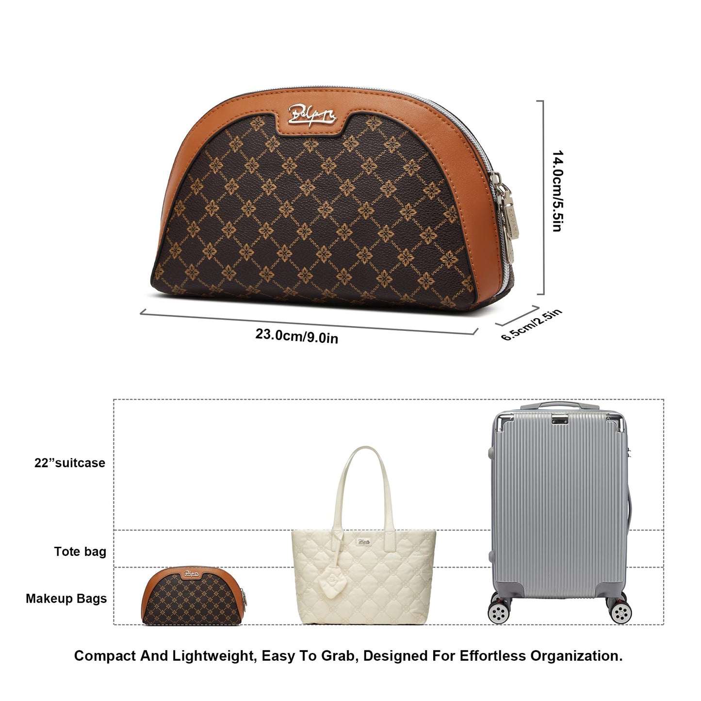 BOYATU Vegan Leather Cosmetic Bag: Refined Pattern Pouch with Built-In Tethered Pull-Out Mirror - Quick Touch-Ups Anywhere - Compact&Lightweight Easy to Carry(010-coffee)