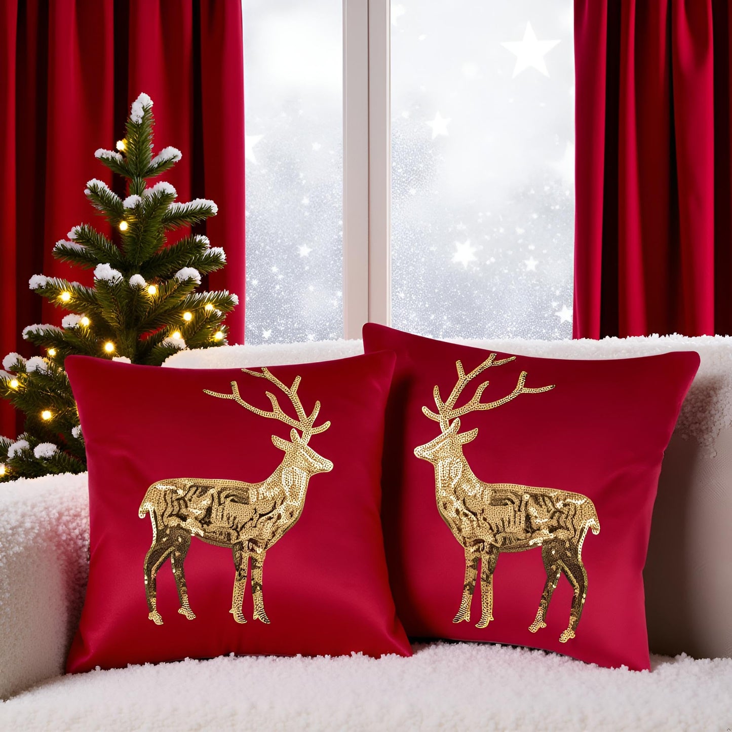 Tosleo Christmas Pillowcases 18 x 18 inch Set of 2 Red Deer Sequins Throw Pillow Cover Xmas Pillow Case Party Decor Winter Holiday Cushion Cases