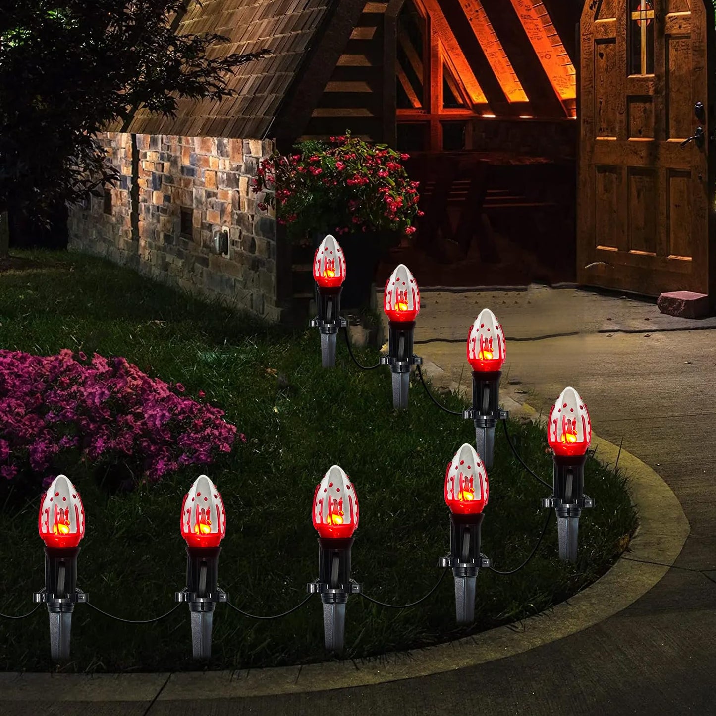GOOTHY 38Ft Outdoor Halloween Decorations Pathway Lights, C9 Flickering Flame Pathway String Lights with 25 Stakes Lights, Plug in Halloween Walkway Light Waterproof for Lawn Yard Sidewalk Garden