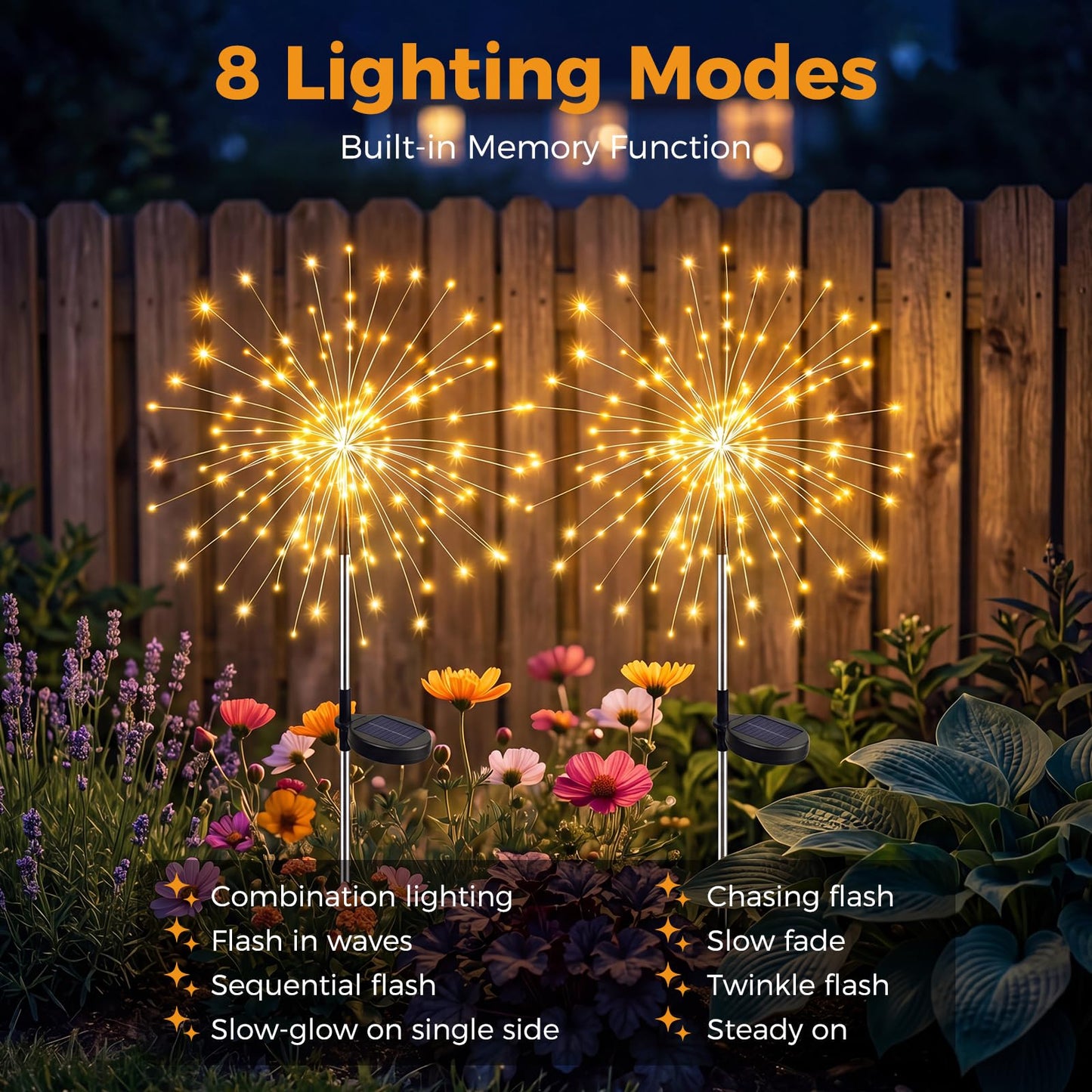 btfarm 2 Pack Solar Garden Lights Outdoor 8 Modes, 120 LED Firework Lights Solar Powered, Waterproof Twinkle Fairy Light Outside for Yard Pathway Lawn Pool Patio Christmas Decorative, Warm White