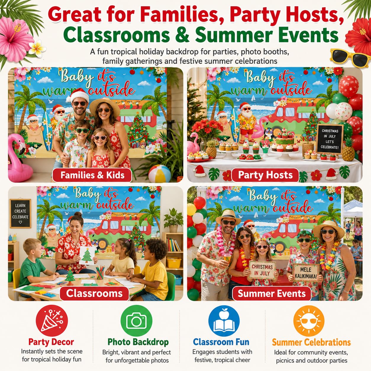 Christmas in July Backdrop 72x43 Inch Polyester Fabric, Baby Its Warm Outside Summer Santa Beach Party Decorations, Tropical Holiday Photo Background for Pool Luau Wall Decor