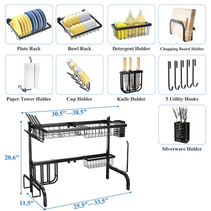 Over The Sink Dish Drying Rack, Adjustable (25.5 to 33.5 inch) 2 Tier Metal Steel Dish Drying Racks for Kitchen Counter with Hooks Paper Towel Utensil Cup Holder Sink Caddy (Black)