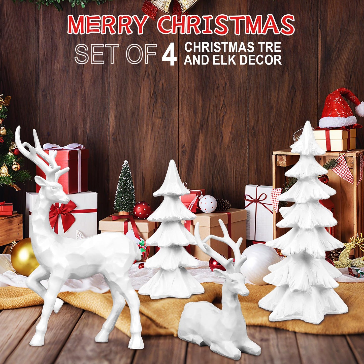 4-Piece White Christmas Tree Figurines and Resin Elk Sculpture Winter Reindeer Decor Resin Christmas Trees,Tabletop Tree Artificial Animal Crafts for Indoor Home Decor,Tabletop Mantle Cabinet Desktop
