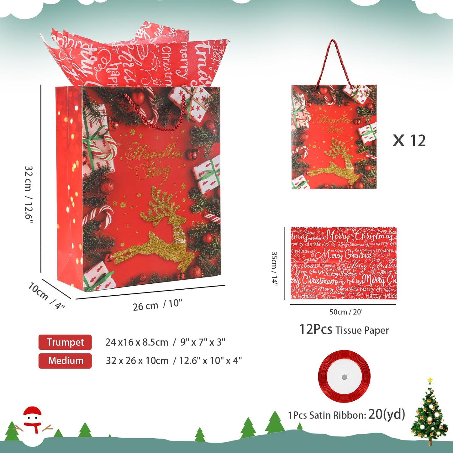 Rusikia 12 Christmas Gift Bags with 12 Tissues and 1 Satin Ribbon - Medium