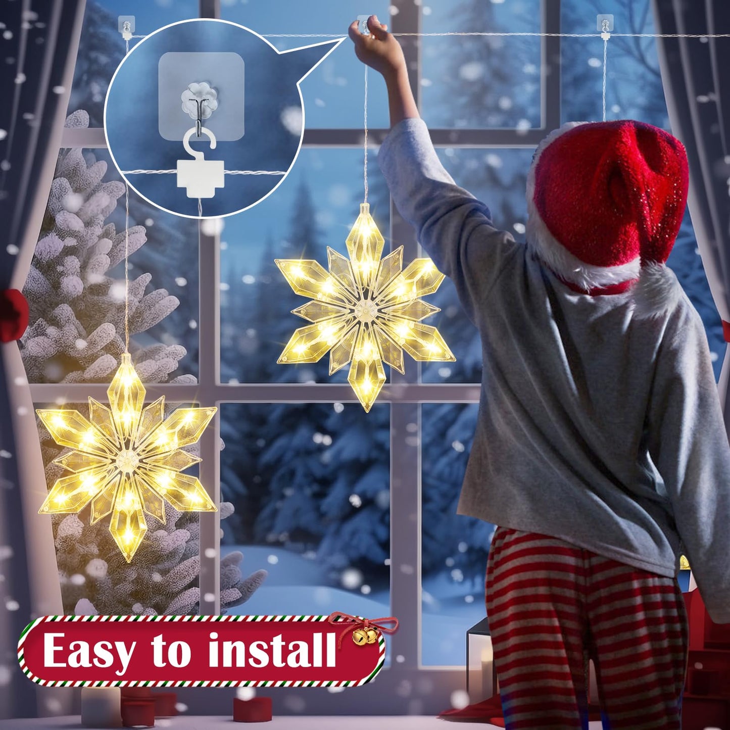 Quntis 34" Christmas Snowflakes Window Lights Battery Operated, 3 Pack 36 LEDs Snowflake String Lights with Timer Memory, 8 Twinkle Modes Xmas House Indoor Winter Hanging Decoration, Warm White