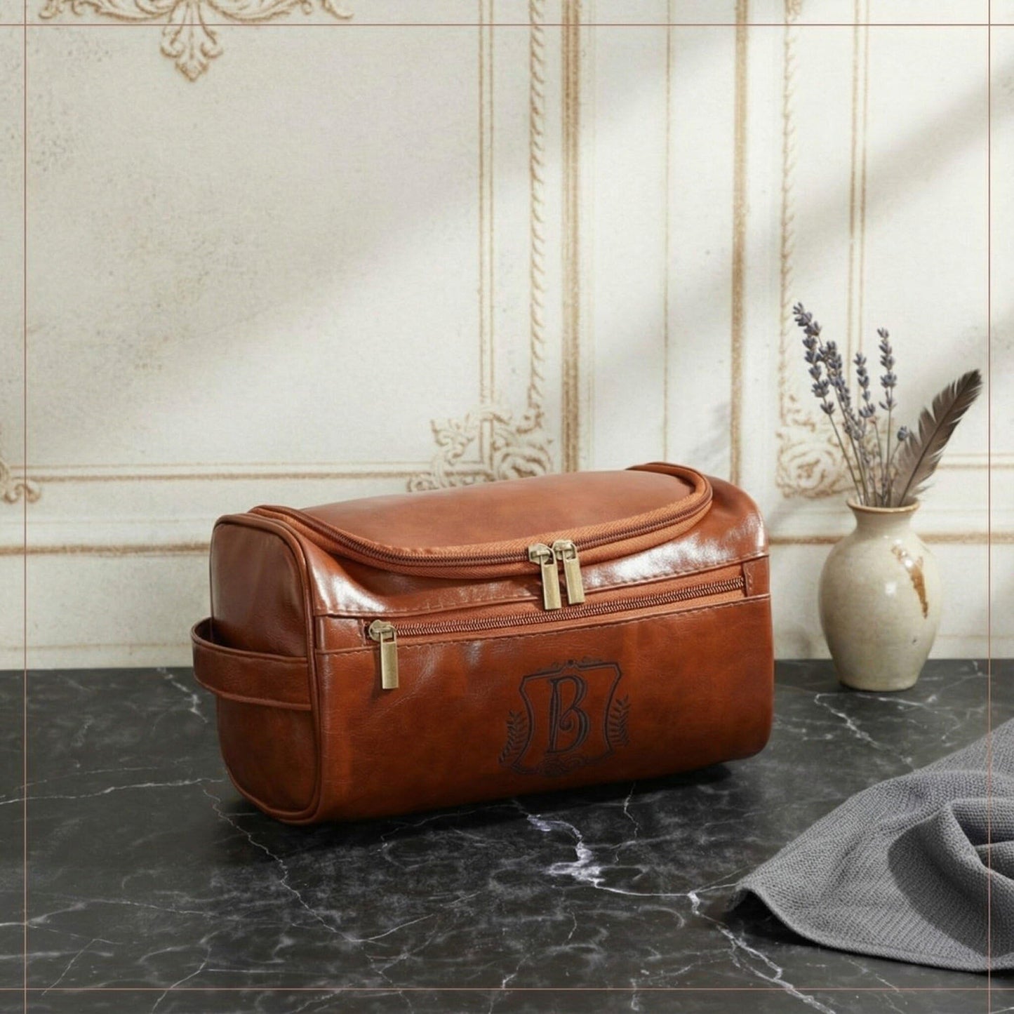 Sadnyy Father's Day Personalized Leather Toiletry Bag for Men Initial Travel Bag with Hook Monogrammed Toiletry Pouch Leather Travel Bathroom Kit with Side Handle for Anniversary Birthday Gifts(B)