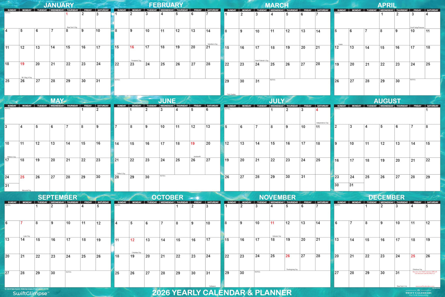 SwiftGlimpse 2026 Wall Calendar, 24" x 36" Designer Series, Large, Erasable, Yearly Wall Planner (Cool Water)