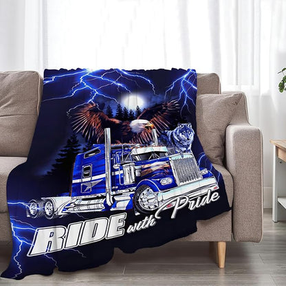 Truck Blanket Decor Gifts for Trucker, Truck Flannel Fleece Fuzzy Lorry Throw Blankets, Soft Warm Cozy Plush Eagle Wolf Blanket for Bed Couch Living Room Stuff Decoration for Kids Adult 50"x40"