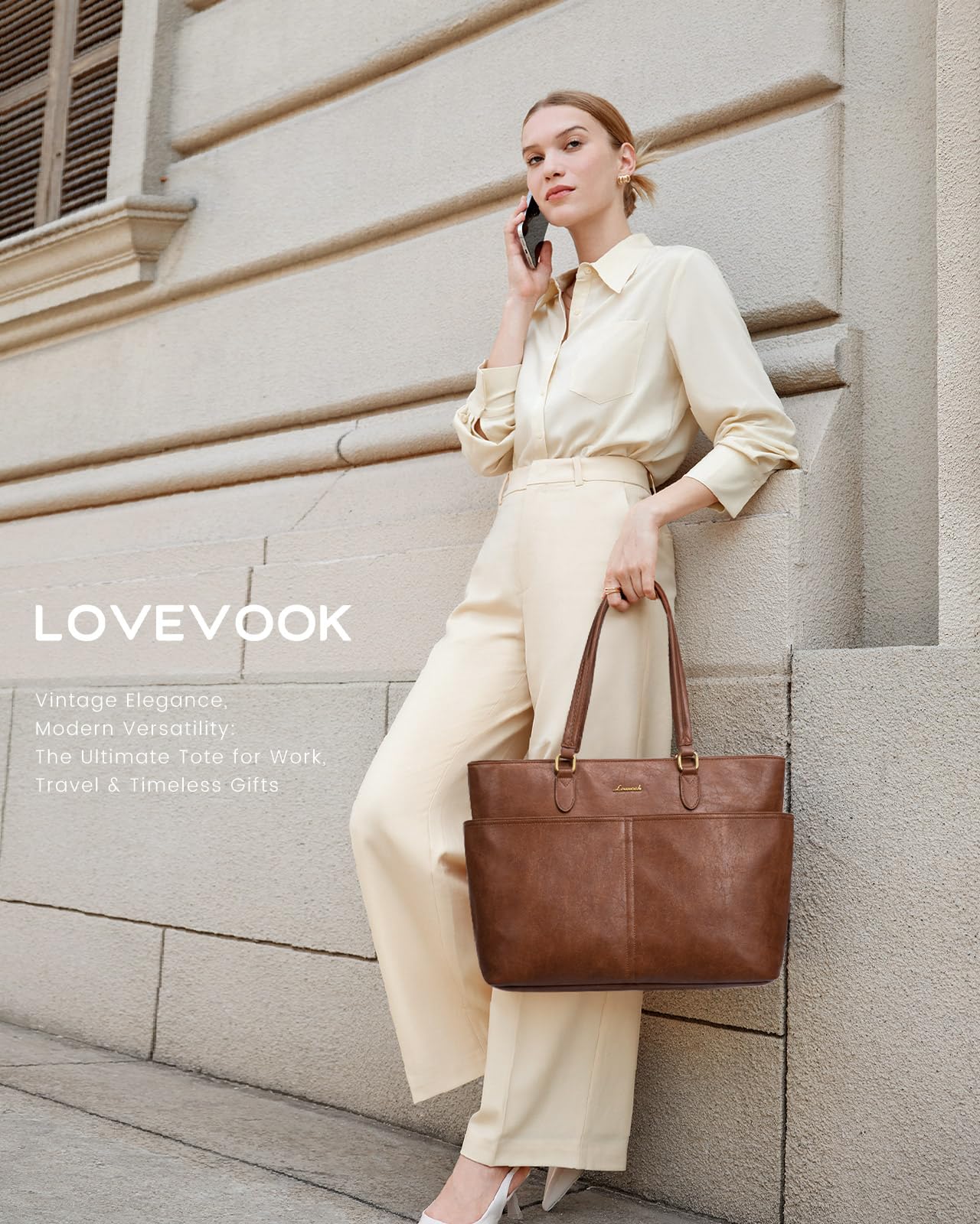 LOVEVOOK Work Tote Bag for Women, Vintage Leather 17.3 Inch Laptop Bags with Large Cup Holder, Teacher Nurse Medical Professional Computer Bag, Office Briefcase Handbag Gift