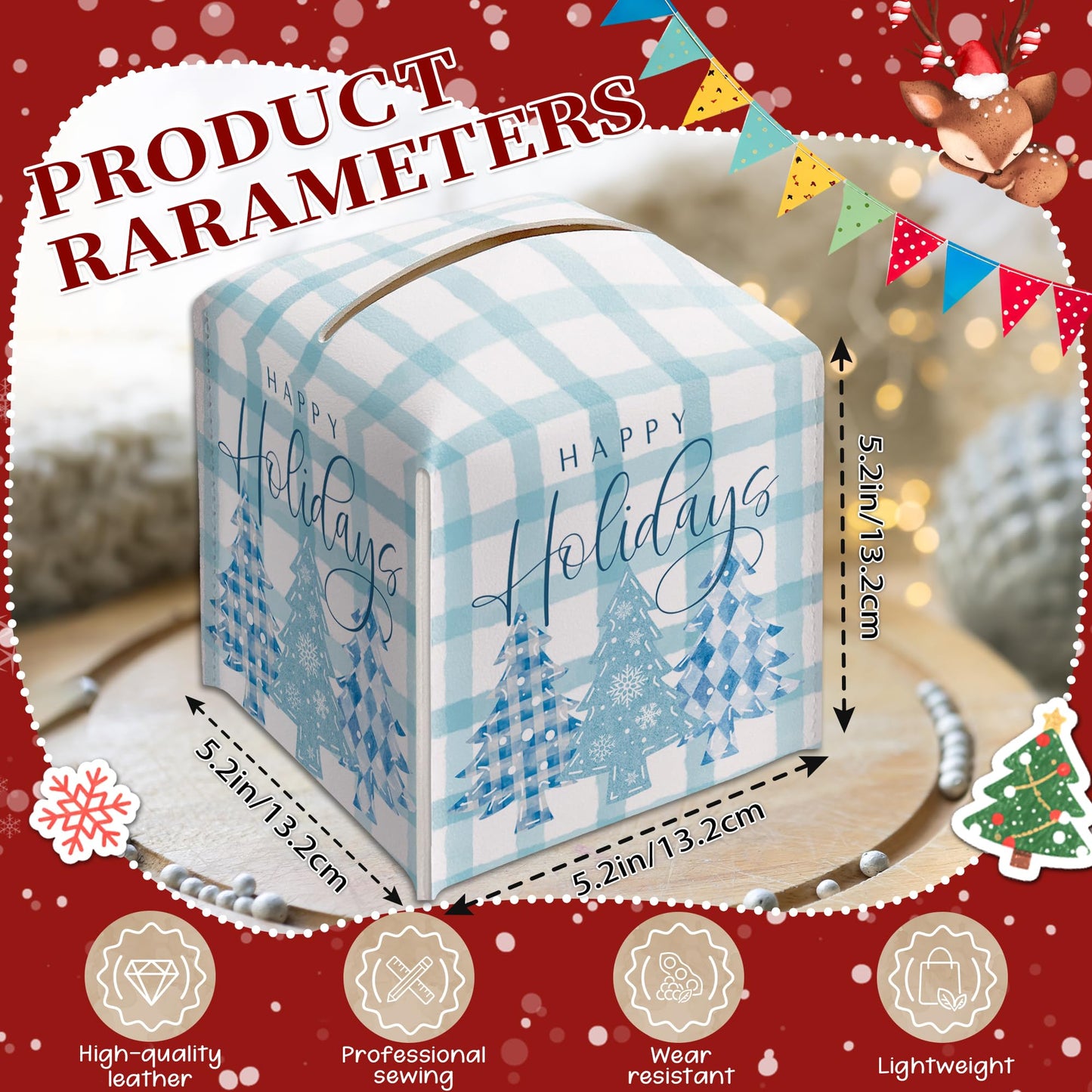 Christmas Box Cover Square, Blue Checkered Christmas Tree Decorative Tissue Box Holder, Waterproof Leather Tissues Boxes Dispenser for Bathroom, Bedroom Nightstand, Office, Car Home Decor